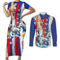 Hawaiian Sea Turtles and Plumeria Couples Matching Short Sleeve Bodycon Dress and Long Sleeve Button Shirt with Lei and Flag Grunge Style LT03 Multicolor - Polynesian Pride