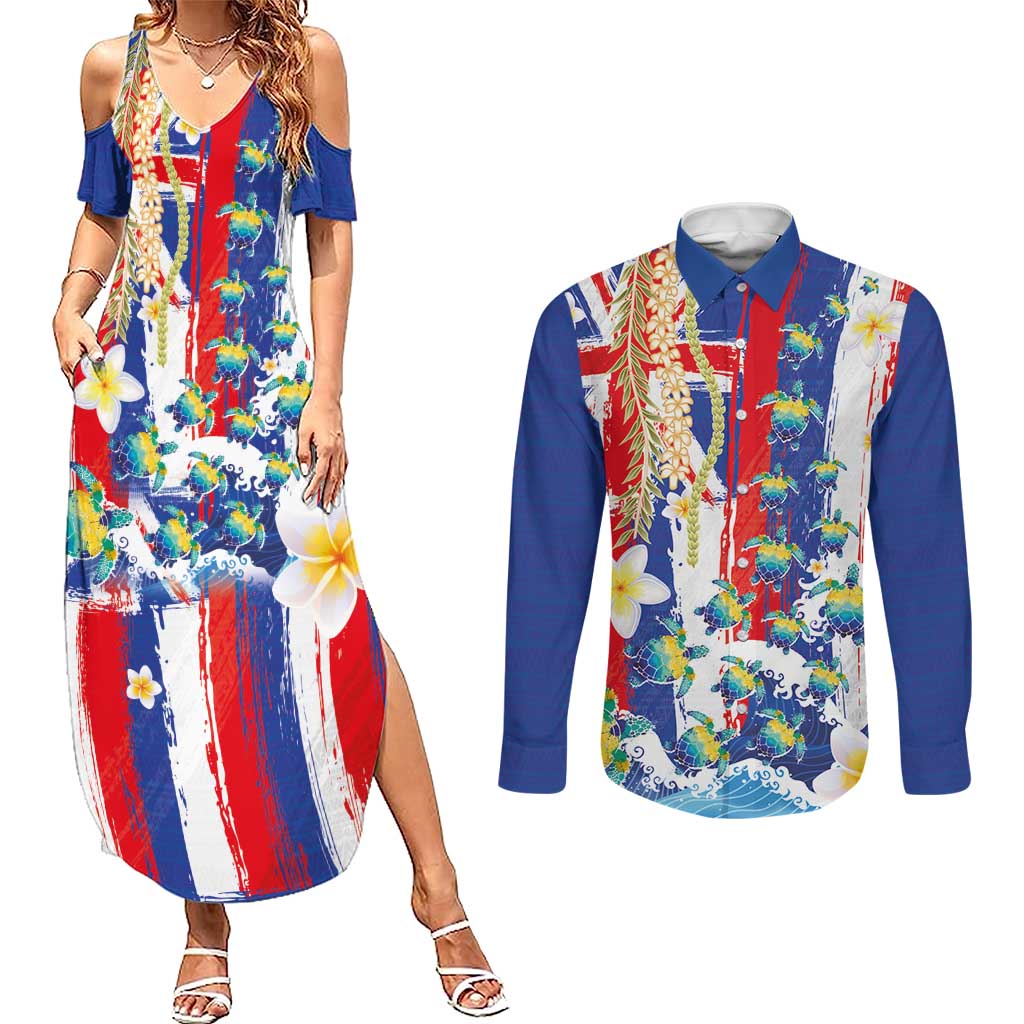 Hawaiian Sea Turtles and Plumeria Couples Matching Summer Maxi Dress and Long Sleeve Button Shirt with Lei and Flag Grunge Style