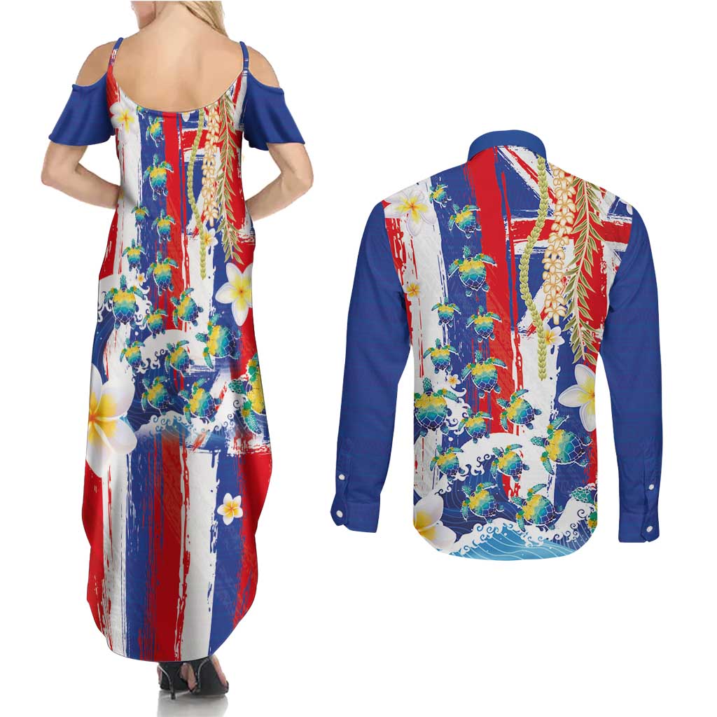 Hawaiian Sea Turtles and Plumeria Couples Matching Summer Maxi Dress and Long Sleeve Button Shirt with Lei and Flag Grunge Style