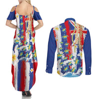 Hawaiian Sea Turtles and Plumeria Couples Matching Summer Maxi Dress and Long Sleeve Button Shirt with Lei and Flag Grunge Style