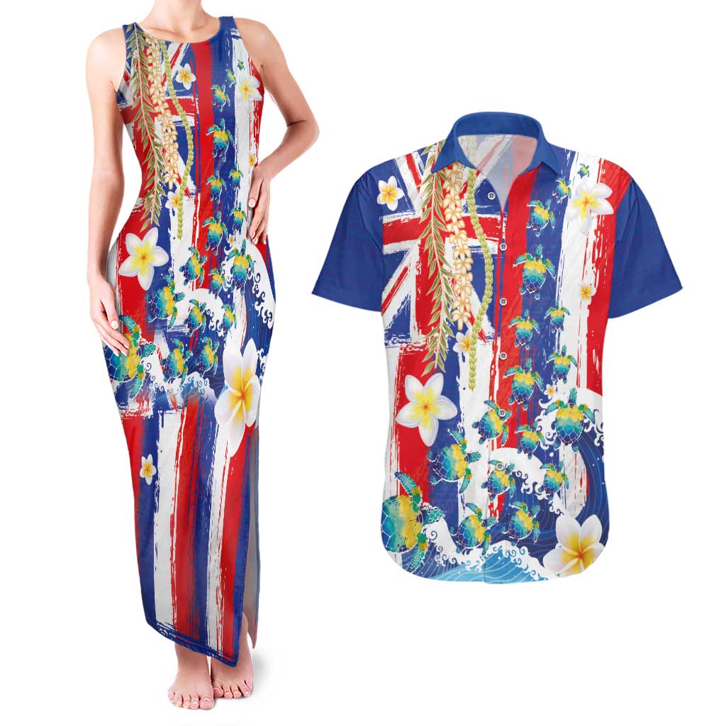 Hawaiian Sea Turtles and Plumeria Couples Matching Tank Maxi Dress and Hawaiian Shirt with Lei and Flag Grunge Style LT03 Multicolor - Polynesian Pride