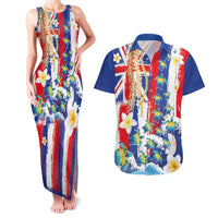 Hawaiian Sea Turtles and Plumeria Couples Matching Tank Maxi Dress and Hawaiian Shirt with Lei and Flag Grunge Style LT03 Multicolor - Polynesian Pride
