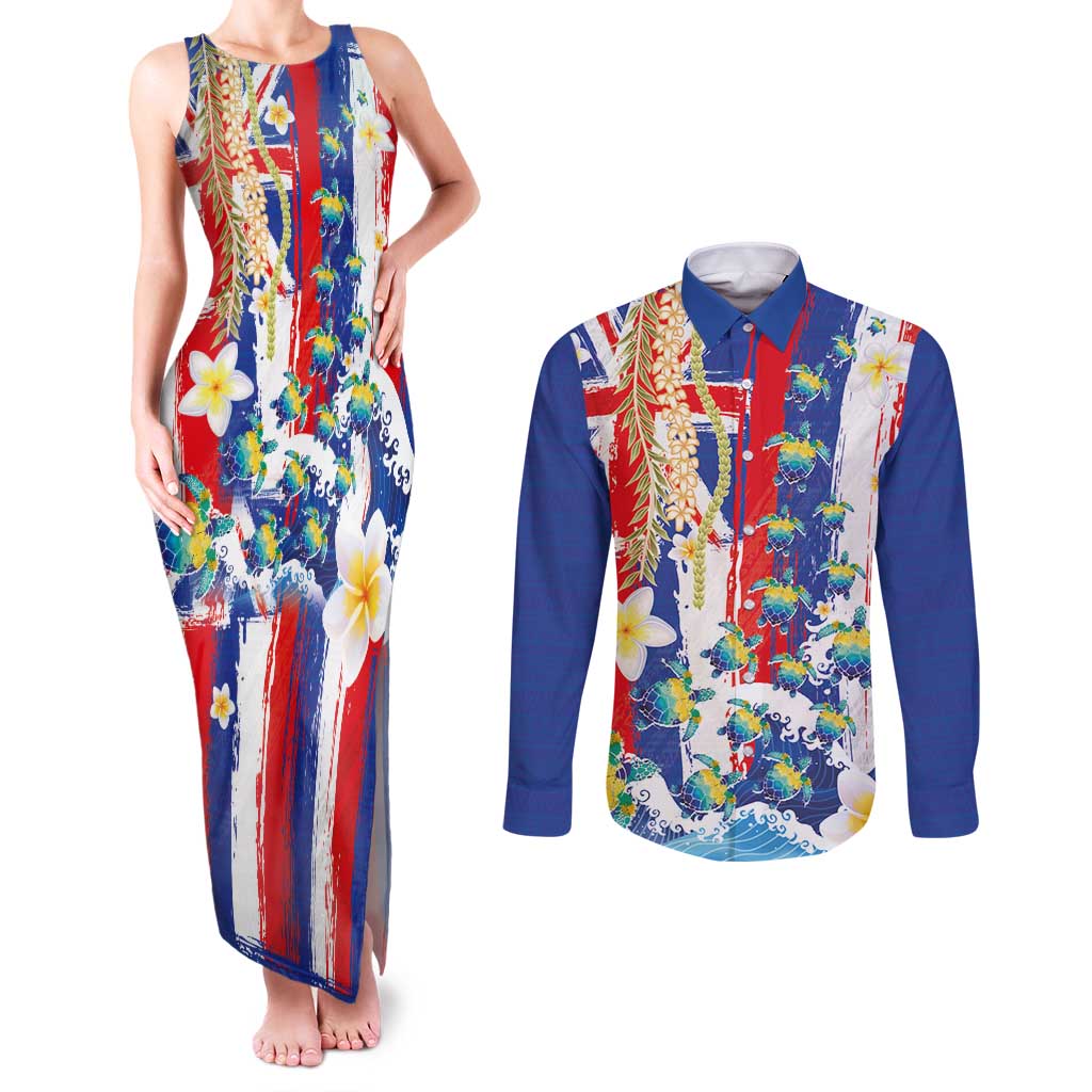 Hawaiian Sea Turtles and Plumeria Couples Matching Tank Maxi Dress and Long Sleeve Button Shirt with Lei and Flag Grunge Style