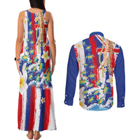 Hawaiian Sea Turtles and Plumeria Couples Matching Tank Maxi Dress and Long Sleeve Button Shirt with Lei and Flag Grunge Style