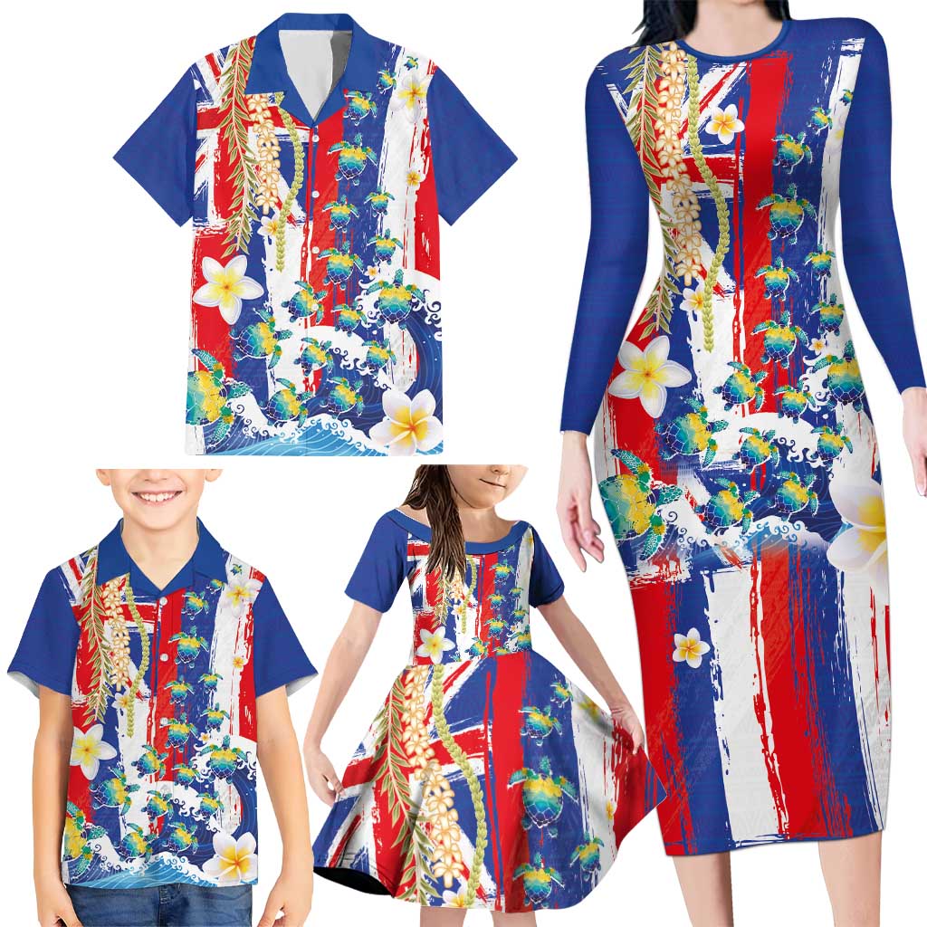 Hawaiian Sea Turtles and Plumeria Family Matching Long Sleeve Bodycon Dress and Hawaiian Shirt with Lei and Flag Grunge Style
