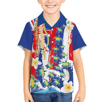 Hawaiian Sea Turtles and Plumeria Family Matching Mermaid Dress and Hawaiian Shirt with Lei and Flag Grunge Style LT03 Son's Shirt Multicolor - Polynesian Pride
