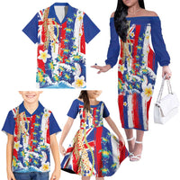 Hawaiian Sea Turtles and Plumeria Family Matching Off The Shoulder Long Sleeve Dress and Hawaiian Shirt with Lei and Flag Grunge Style LT03 - Polynesian Pride