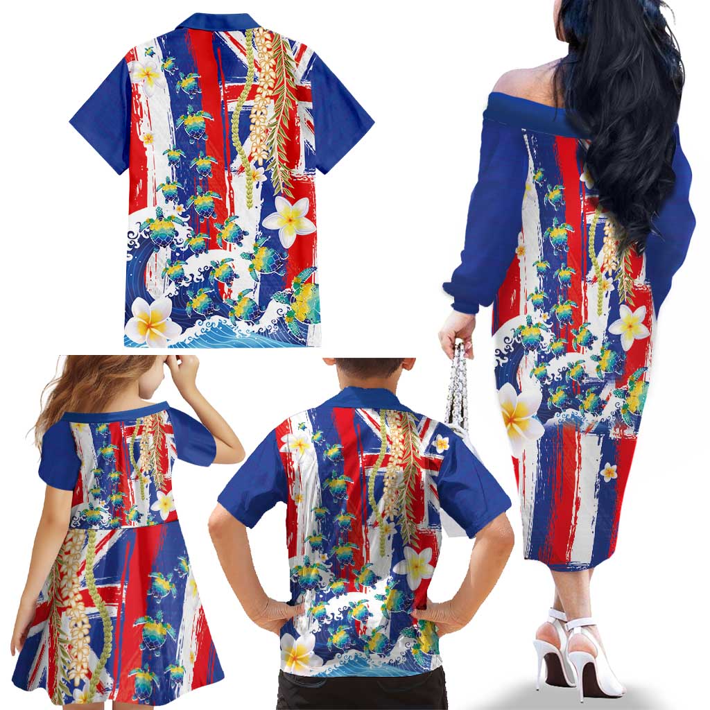 Hawaiian Sea Turtles and Plumeria Family Matching Off The Shoulder Long Sleeve Dress and Hawaiian Shirt with Lei and Flag Grunge Style LT03 - Polynesian Pride