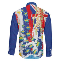 Hawaiian Sea Turtles and Plumeria Family Matching Off The Shoulder Long Sleeve Dress and Hawaiian Shirt with Lei and Flag Grunge Style LT03 - Polynesian Pride