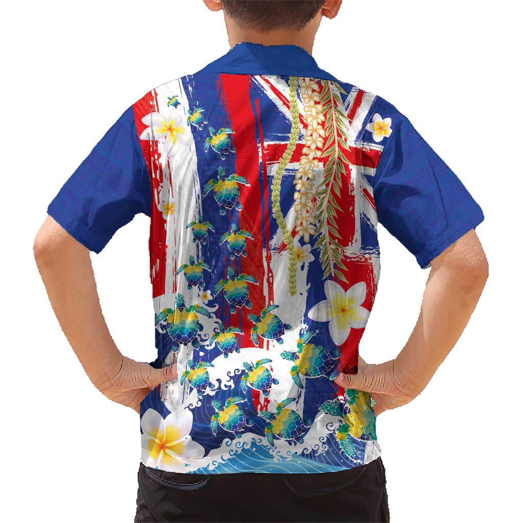 Hawaiian Sea Turtles and Plumeria Family Matching Off Shoulder Maxi Dress and Hawaiian Shirt with Lei and Flag Grunge Style LT03 - Polynesian Pride