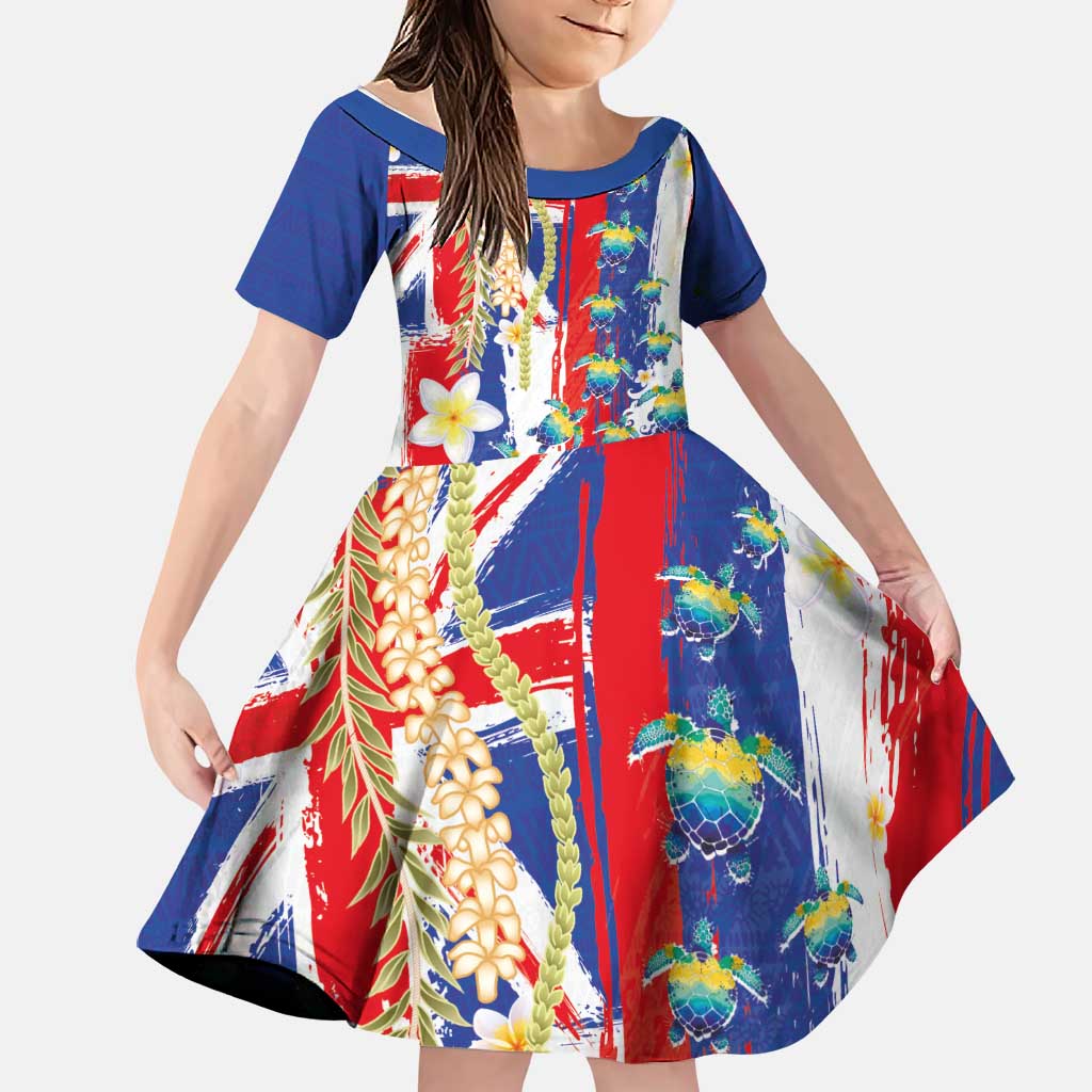 Hawaiian Sea Turtles and Plumeria Family Matching Off Shoulder Maxi Dress and Hawaiian Shirt with Lei and Flag Grunge Style LT03 Daughter's Dress Multicolor - Polynesian Pride