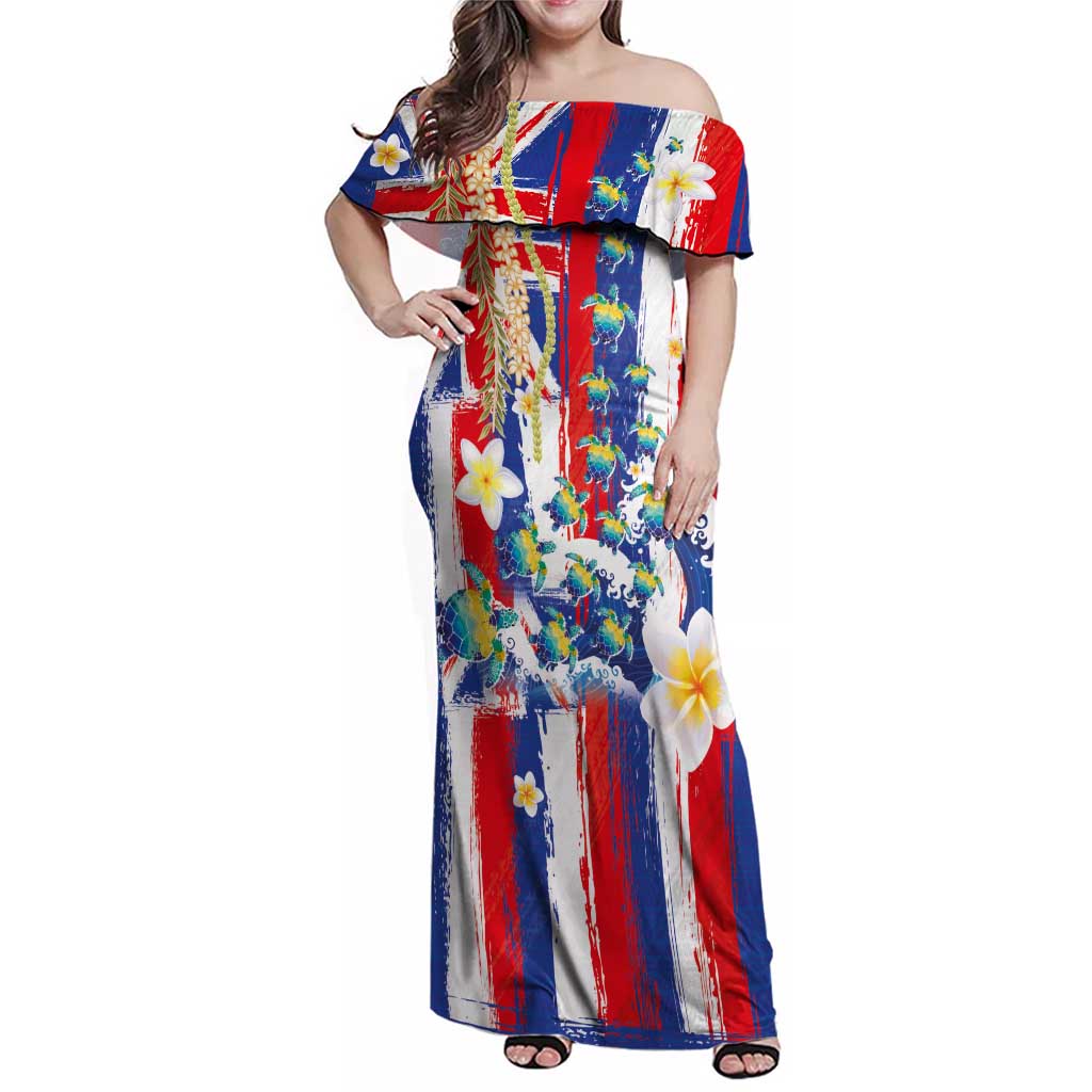 Hawaiian Sea Turtles and Plumeria Family Matching Off Shoulder Maxi Dress and Hawaiian Shirt with Lei and Flag Grunge Style LT03 Mom's Dress Multicolor - Polynesian Pride