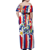 Hawaiian Sea Turtles and Plumeria Family Matching Off Shoulder Maxi Dress and Hawaiian Shirt with Lei and Flag Grunge Style LT03 - Polynesian Pride