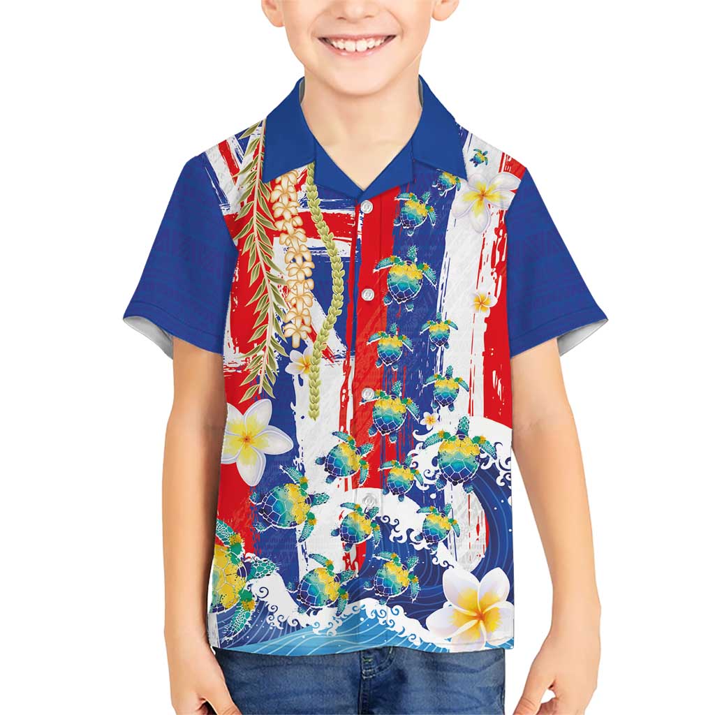 Hawaiian Sea Turtles and Plumeria Family Matching Off Shoulder Maxi Dress and Hawaiian Shirt with Lei and Flag Grunge Style LT03 Son's Shirt Multicolor - Polynesian Pride