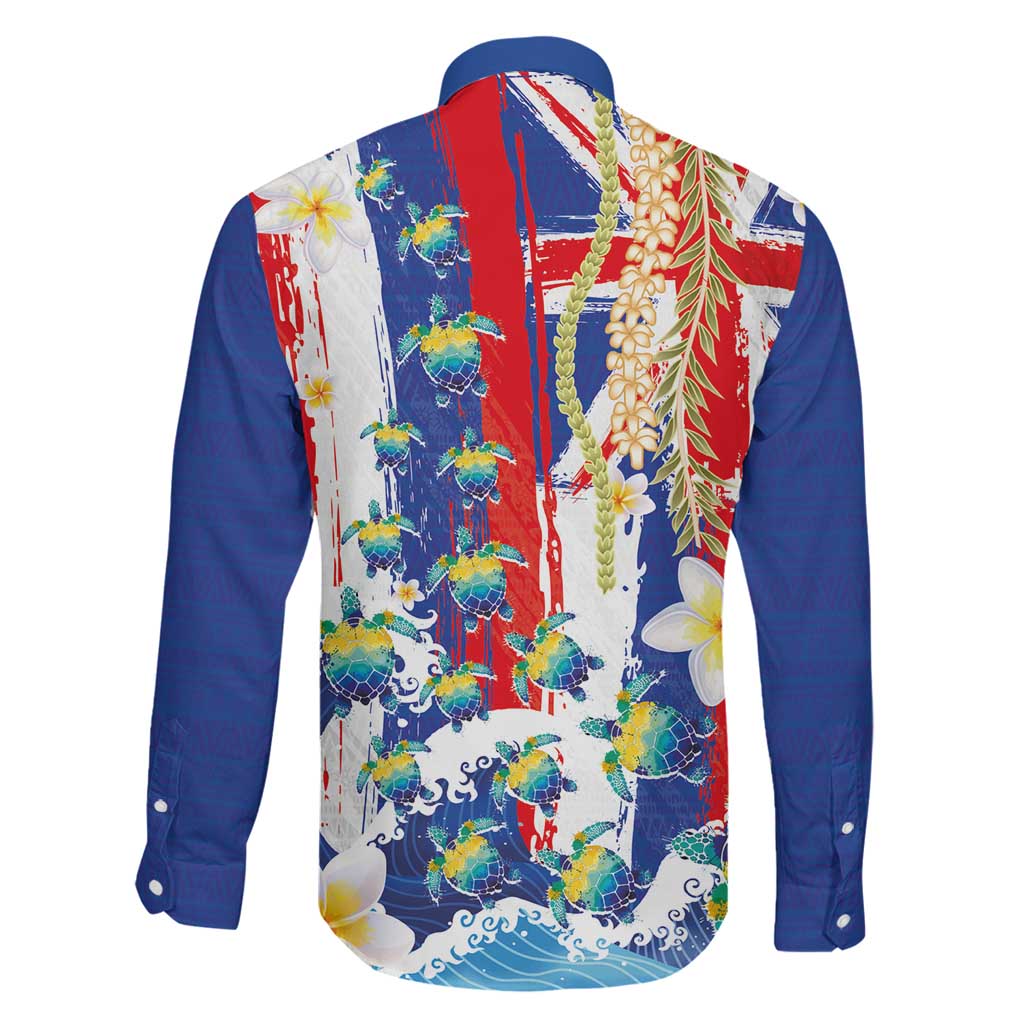 Hawaiian Sea Turtles and Plumeria Family Matching Off Shoulder Short Dress and Hawaiian Shirt with Lei and Flag Grunge Style LT03 - Polynesian Pride