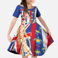 Hawaiian Sea Turtles and Plumeria Family Matching Puletasi and Hawaiian Shirt with Lei and Flag Grunge Style LT03 Daughter's Dress Multicolor - Polynesian Pride