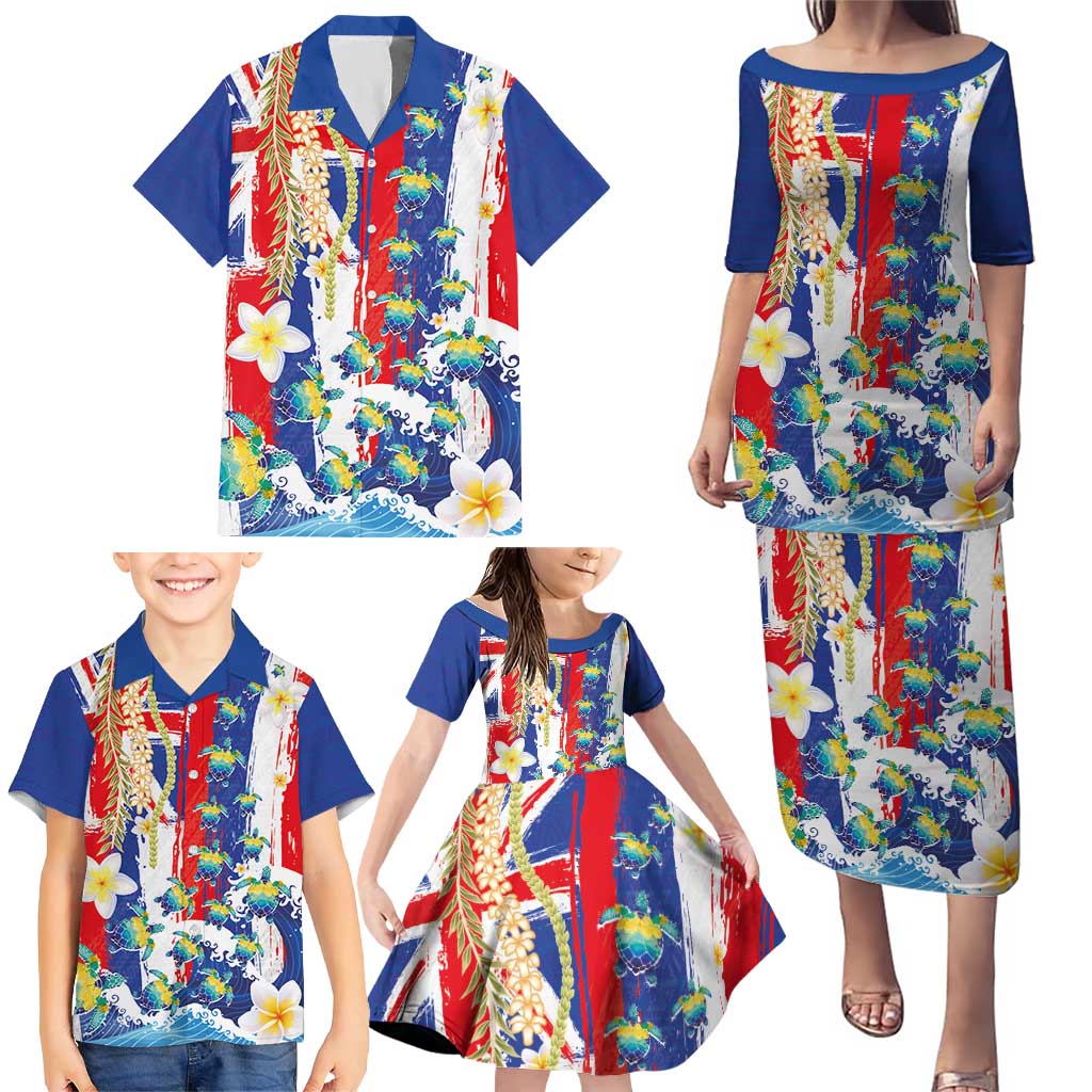 Hawaiian Sea Turtles and Plumeria Family Matching Puletasi and Hawaiian Shirt with Lei and Flag Grunge Style