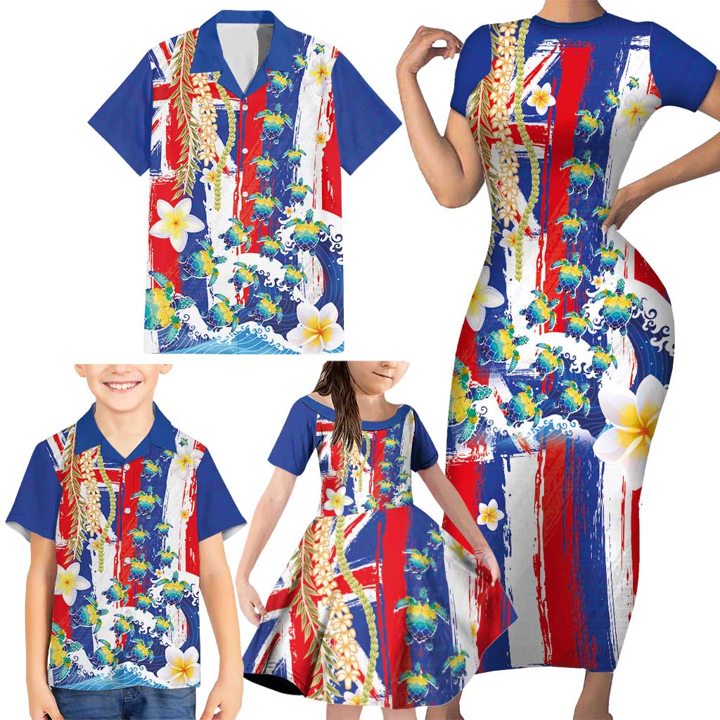 Hawaiian Sea Turtles and Plumeria Family Matching Short Sleeve Bodycon Dress and Hawaiian Shirt with Lei and Flag Grunge Style