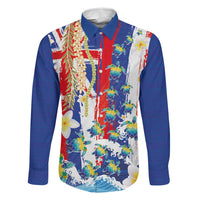 Hawaiian Sea Turtles and Plumeria Family Matching Summer Maxi Dress and Hawaiian Shirt with Lei and Flag Grunge Style LT03 Dad's Shirt - Long Sleeve Multicolor - Polynesian Pride