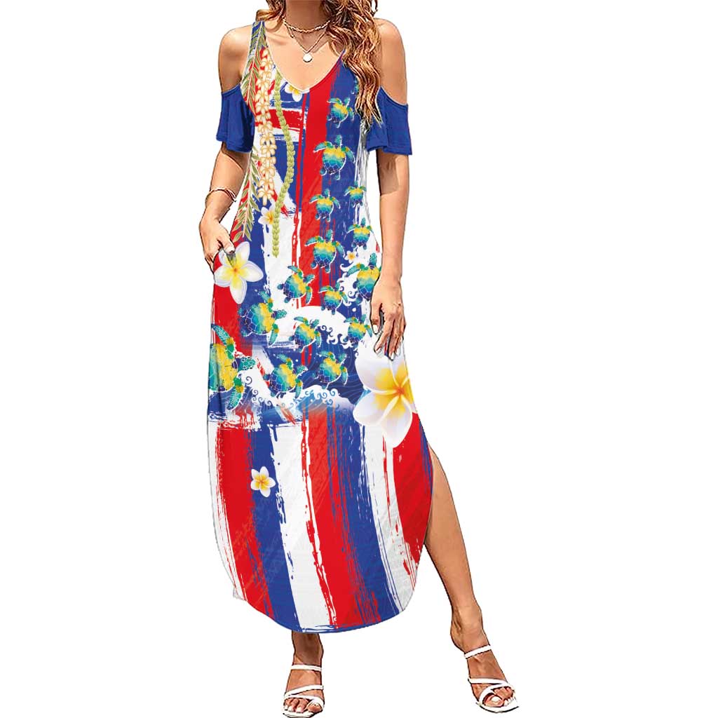 Hawaiian Sea Turtles and Plumeria Family Matching Summer Maxi Dress and Hawaiian Shirt with Lei and Flag Grunge Style LT03 Mom's Dress Multicolor - Polynesian Pride