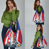 Hawaiian Sea Turtles and Plumeria Grocery Bag with Lei and Flag Grunge Style LT03 - Polynesian Pride