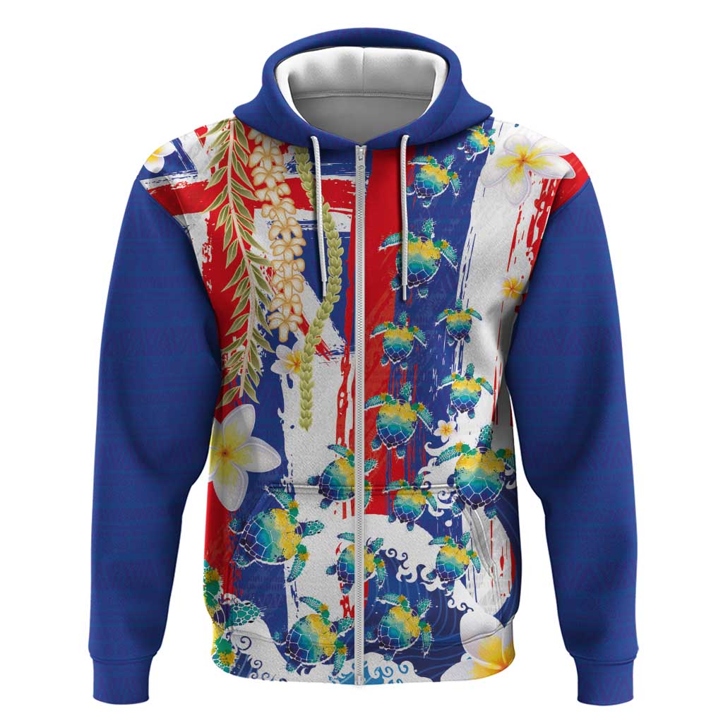 Hawaiian Sea Turtles and Plumeria Hoodie with Lei and Flag Grunge Style LT03 Zip Hoodie Multicolor - Polynesian Pride