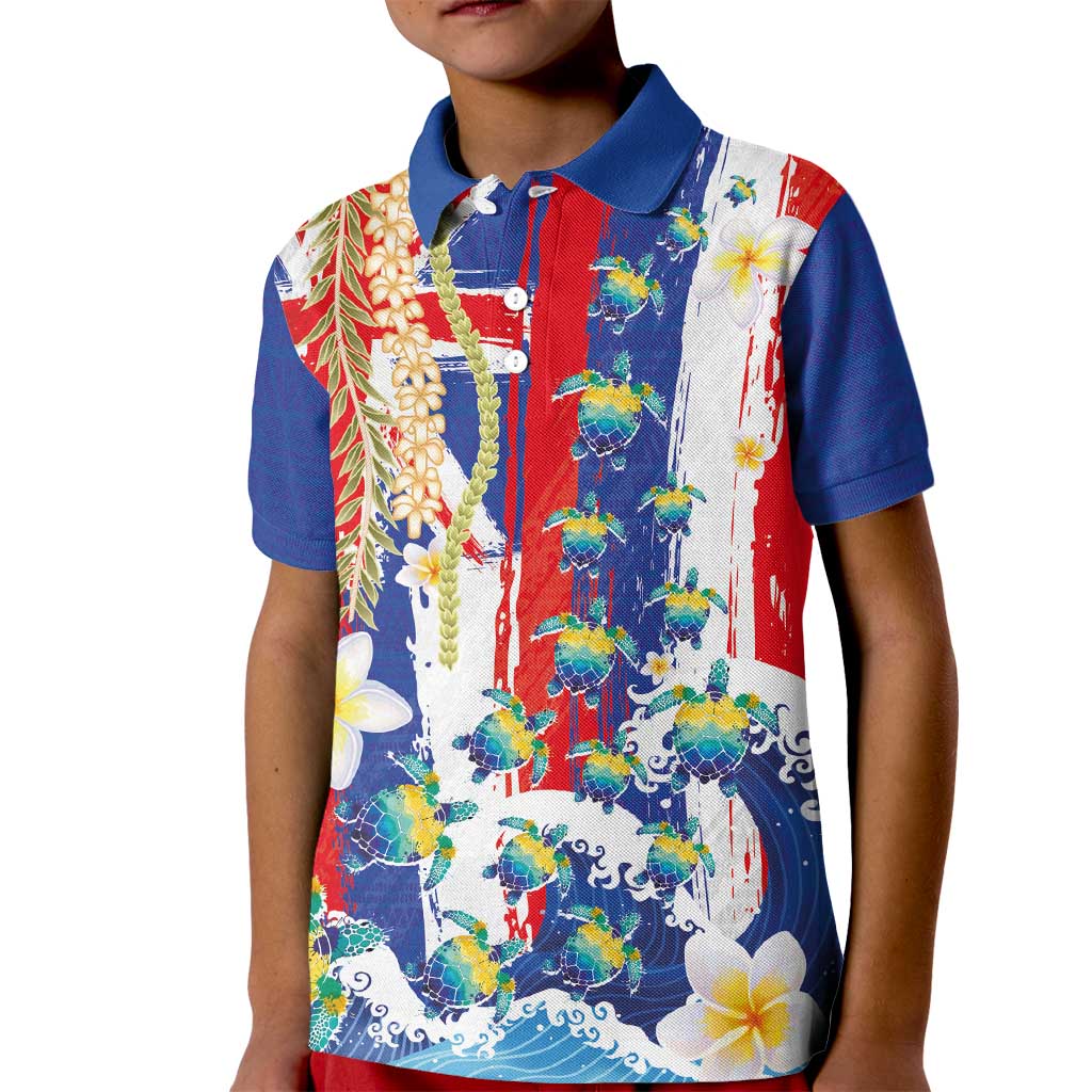 Hawaiian Sea Turtles and Plumeria Kid Polo Shirt with Lei and Flag Grunge Style