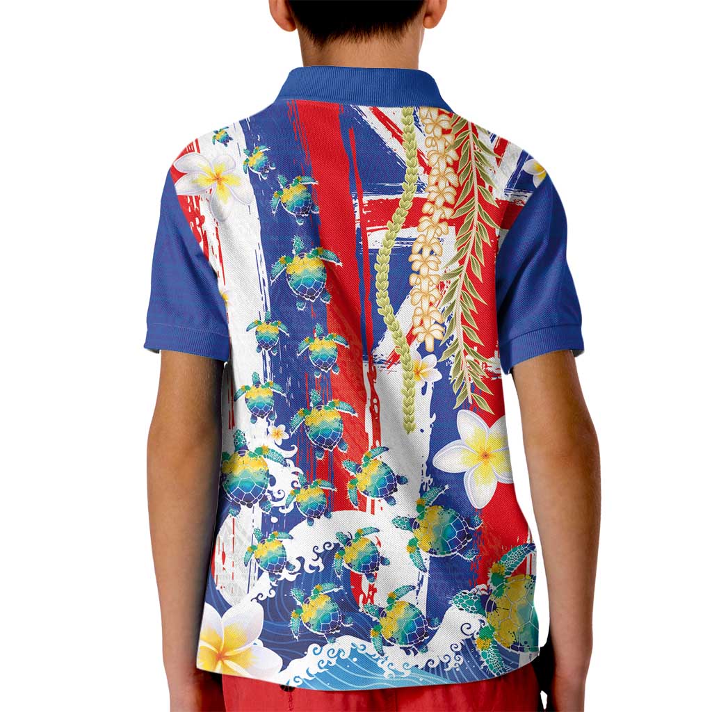 Hawaiian Sea Turtles and Plumeria Kid Polo Shirt with Lei and Flag Grunge Style