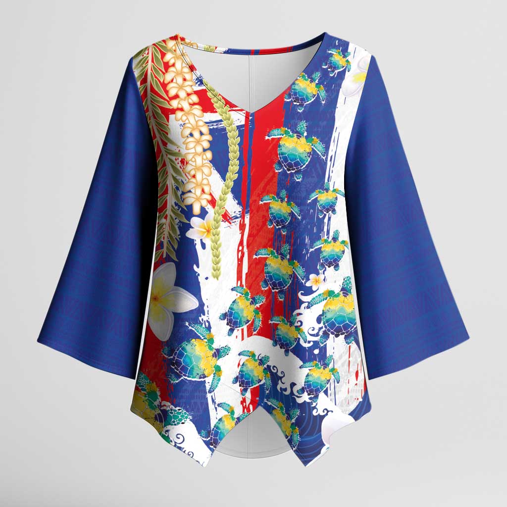Hawaiian Sea Turtles and Plumeria Kimono Sleeve Blouse with Lei and Flag Grunge Style LT03 Female Multicolor - Polynesian Pride
