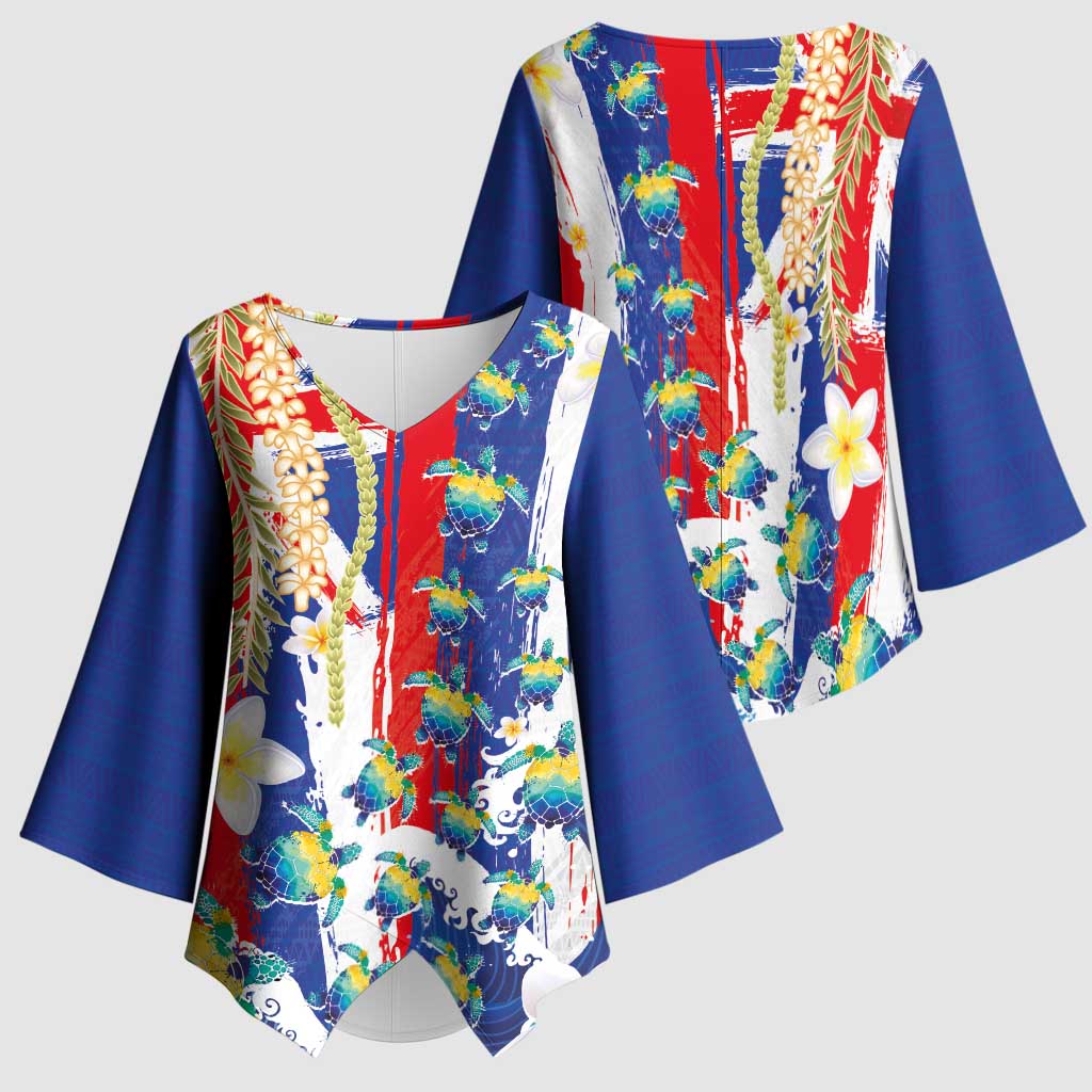 Hawaiian Sea Turtles and Plumeria Kimono Sleeve Blouse with Lei and Flag Grunge Style LT03 - Polynesian Pride