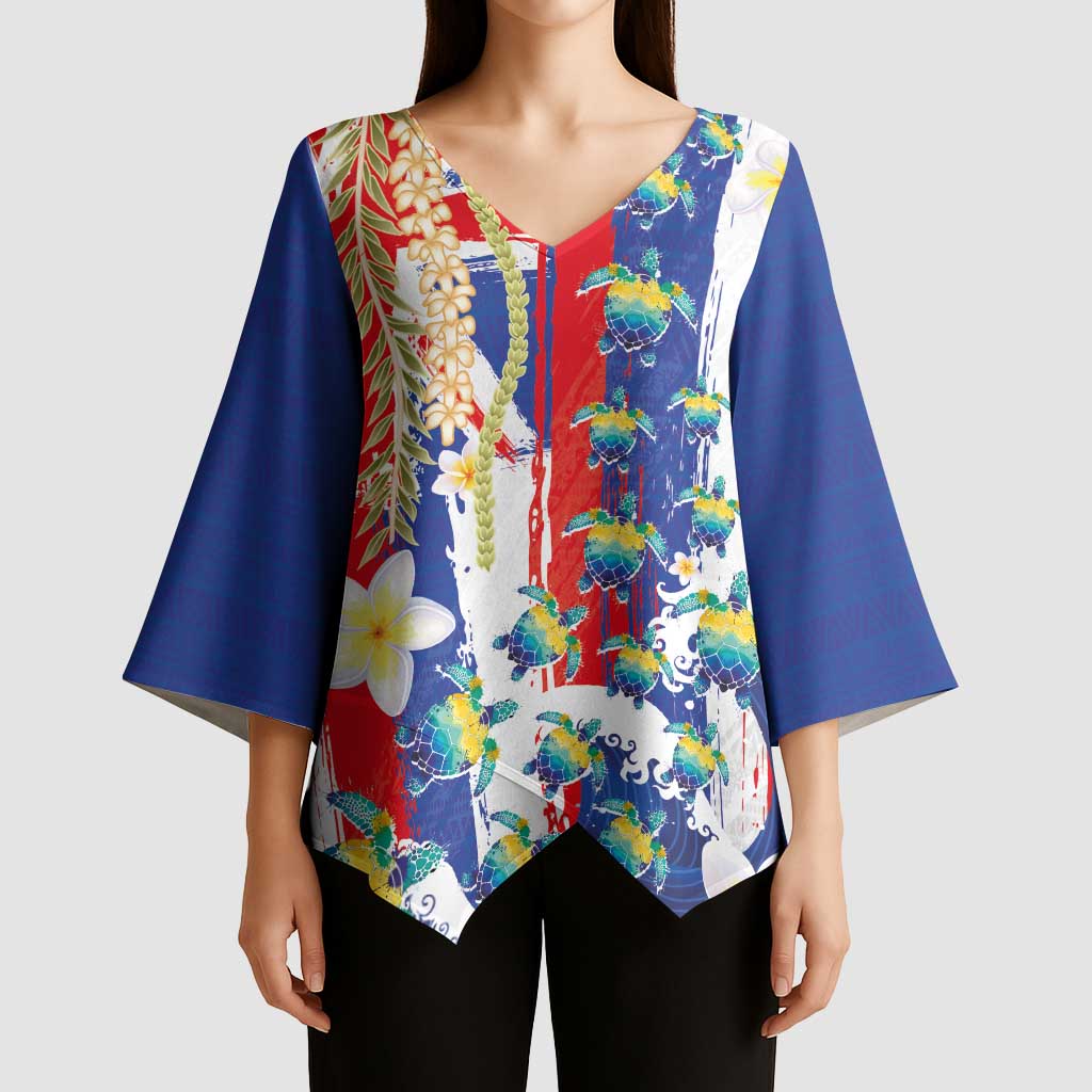 Hawaiian Sea Turtles and Plumeria Kimono Sleeve Blouse with Lei and Flag Grunge Style LT03 - Polynesian Pride