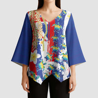 Hawaiian Sea Turtles and Plumeria Kimono Sleeve Blouse with Lei and Flag Grunge Style LT03 - Polynesian Pride