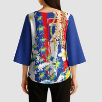 Hawaiian Sea Turtles and Plumeria Kimono Sleeve Blouse with Lei and Flag Grunge Style LT03 - Polynesian Pride
