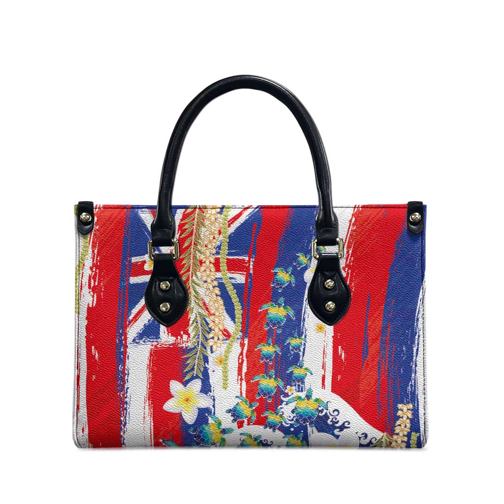Hawaiian Sea Turtles and Plumeria Leather Bag with Lei and Flag Grunge Style LT03 - Polynesian Pride