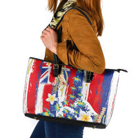 Hawaiian Sea Turtles and Plumeria Leather Tote Bag with Lei and Flag Grunge Style LT03 Multicolor - Polynesian Pride