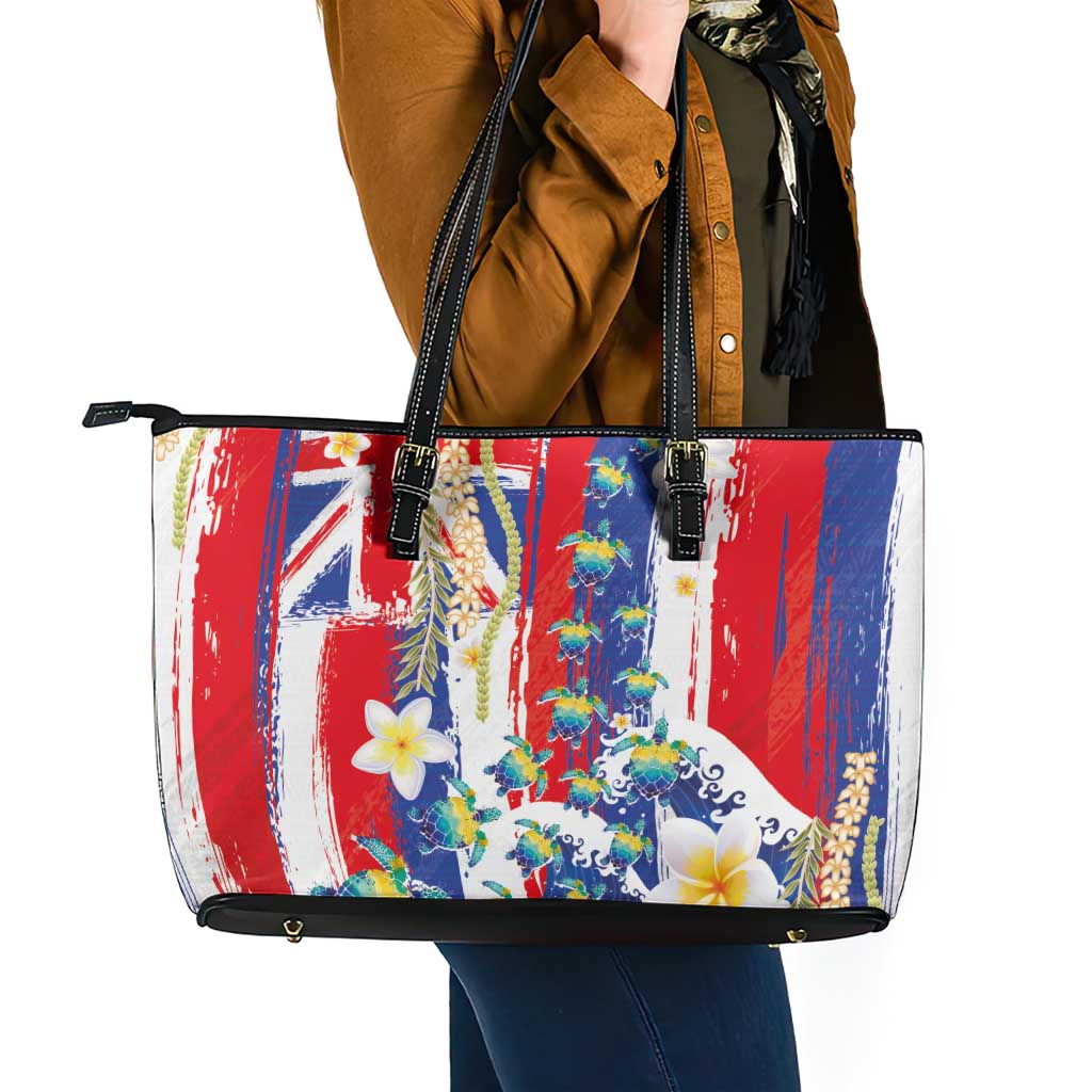 Hawaiian Sea Turtles and Plumeria Leather Tote Bag with Lei and Flag Grunge Style LT03 - Polynesian Pride