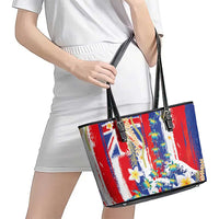 Hawaiian Sea Turtles and Plumeria Leather Tote Bag with Lei and Flag Grunge Style LT03 - Polynesian Pride