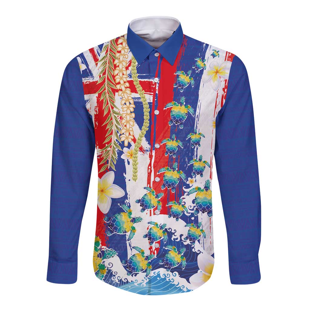 Hawaiian Sea Turtles and Plumeria Long Sleeve Button Shirt with Lei and Flag Grunge Style LT03 Unisex Multicolor - Polynesian Pride