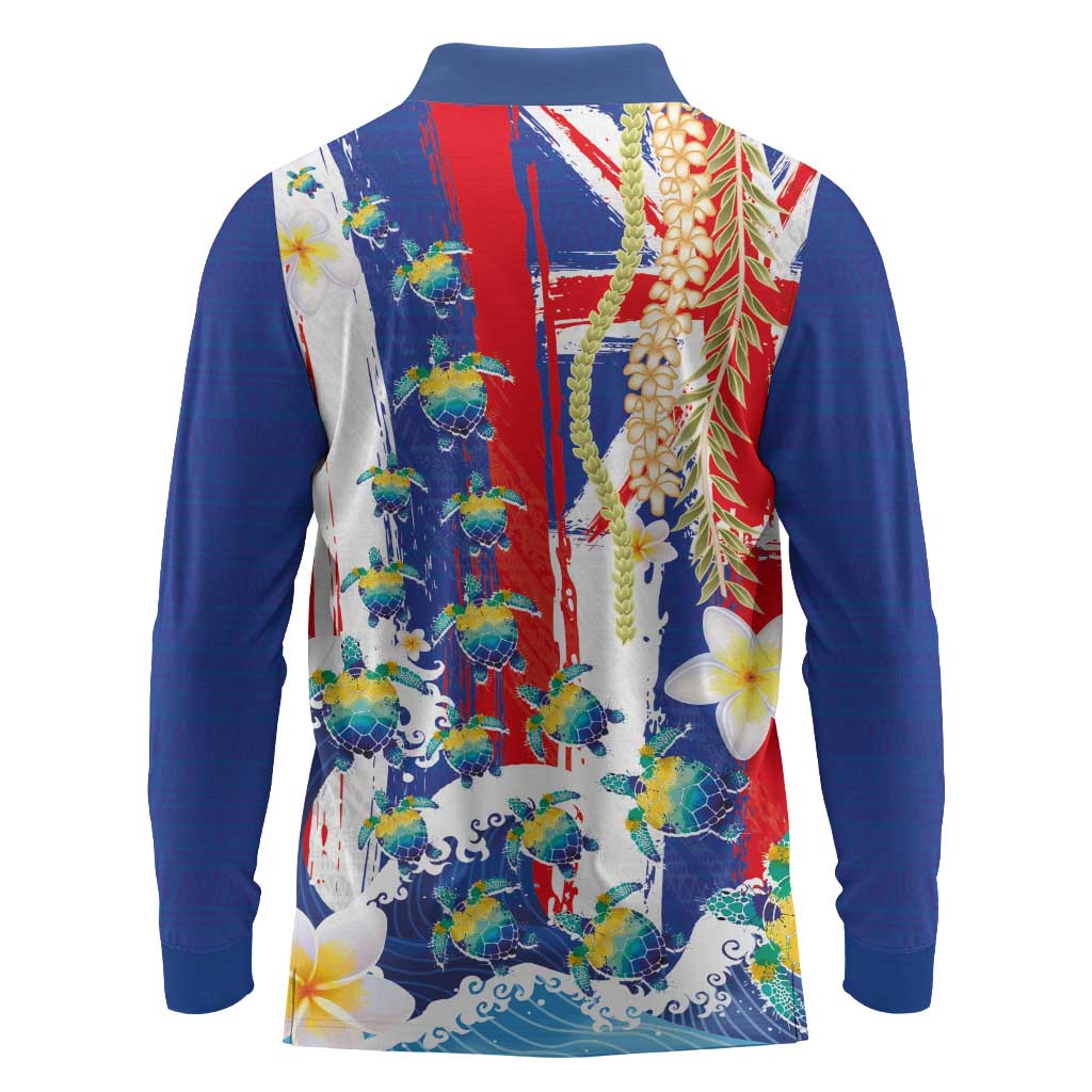 Hawaiian Sea Turtles and Plumeria Long Sleeve Polo Shirt with Lei and Flag Grunge Style