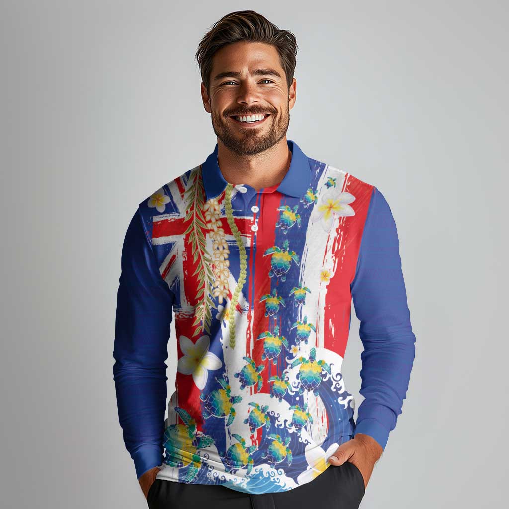 Hawaiian Sea Turtles and Plumeria Long Sleeve Polo Shirt with Lei and Flag Grunge Style