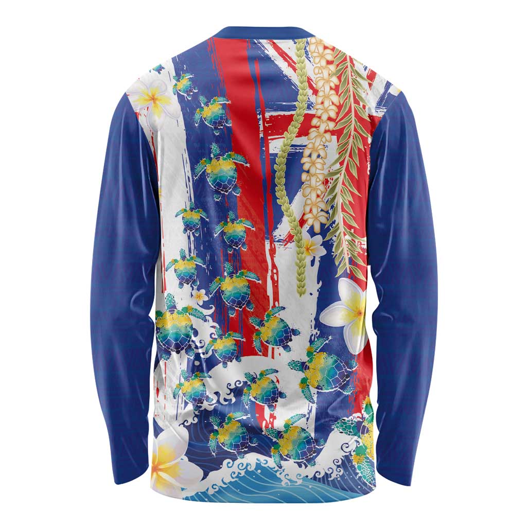 Hawaiian Sea Turtles and Plumeria Long Sleeve Shirt with Lei and Flag Grunge Style LT03 - Polynesian Pride