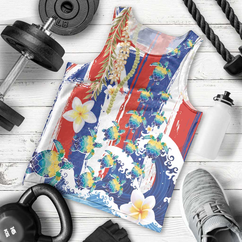 Hawaiian Sea Turtles and Plumeria Men Tank Top with Lei and Flag Grunge Style LT03 - Polynesian Pride