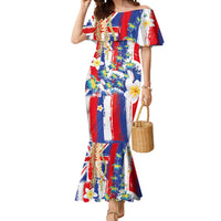 Hawaiian Sea Turtles and Plumeria Mermaid Dress with Lei and Flag Grunge Style LT03 Women Multicolor - Polynesian Pride
