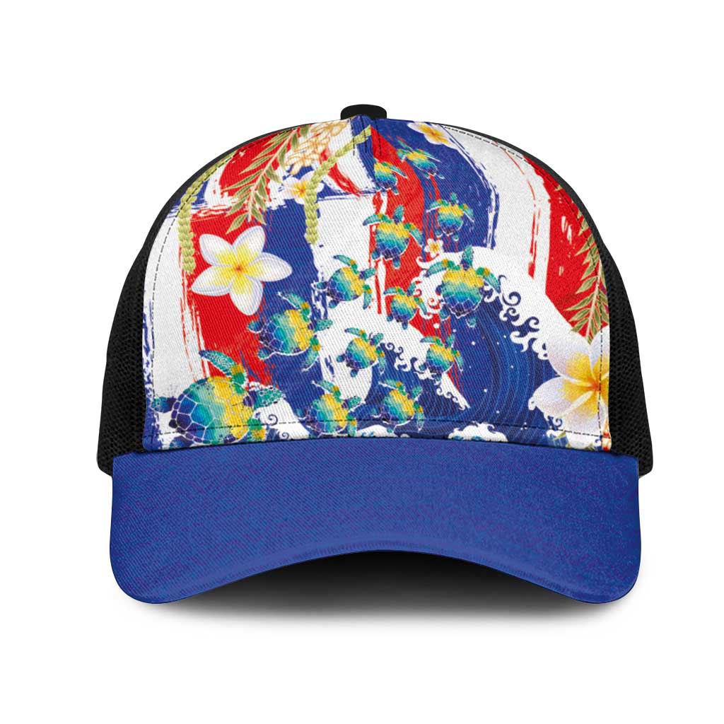 Hawaiian Sea Turtles and Plumeria Mesh Trucker Cap with Lei and Flag Grunge Style