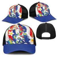 Hawaiian Sea Turtles and Plumeria Mesh Trucker Cap with Lei and Flag Grunge Style