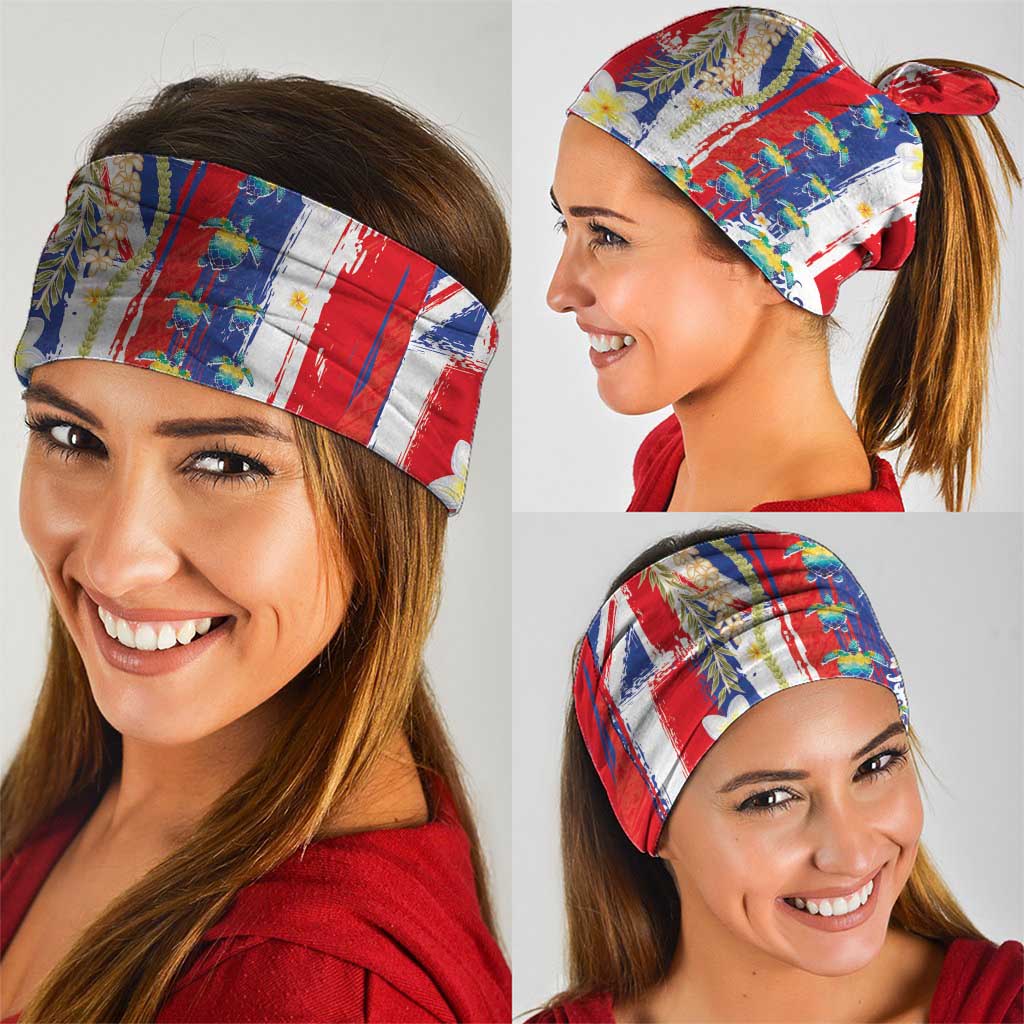 Hawaiian Sea Turtles and Plumeria Neck Gaiter with Lei and Flag Grunge Style LT03 - Polynesian Pride