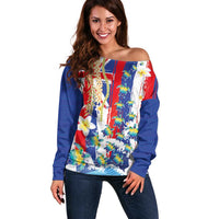 Hawaiian Sea Turtles and Plumeria Off Shoulder Sweater with Lei and Flag Grunge Style LT03 Women Multicolor - Polynesian Pride