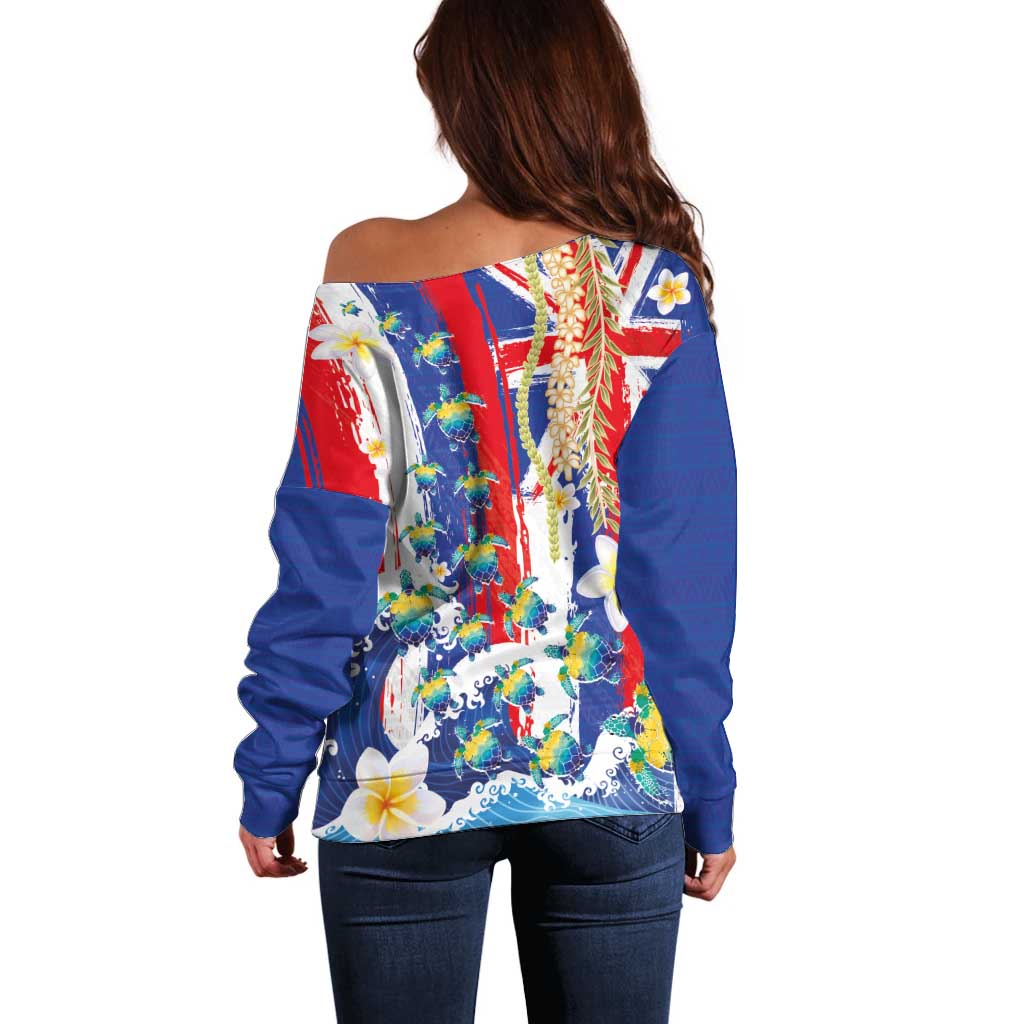 Hawaiian Sea Turtles and Plumeria Off Shoulder Sweater with Lei and Flag Grunge Style LT03 - Polynesian Pride