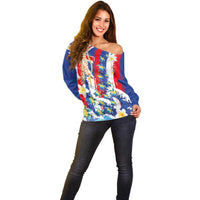 Hawaiian Sea Turtles and Plumeria Off Shoulder Sweater with Lei and Flag Grunge Style LT03 - Polynesian Pride