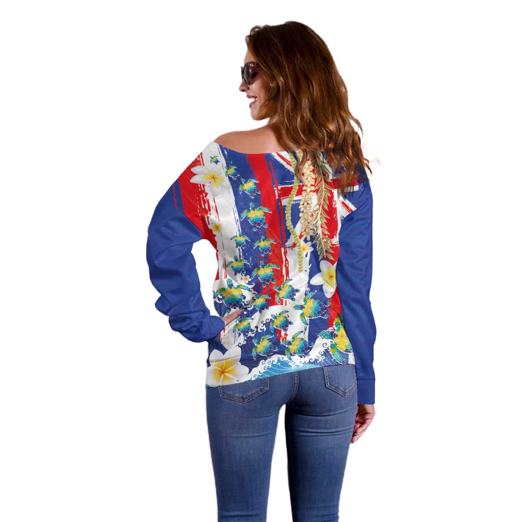 Hawaiian Sea Turtles and Plumeria Off Shoulder Sweater with Lei and Flag Grunge Style LT03 - Polynesian Pride